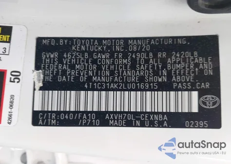 2020 Toyota Camry Le Hybrid z USA, uszkodzony, nr VIN 4T1C31AK2LU016915